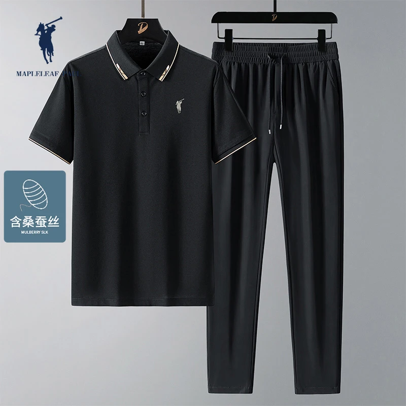 枫叶保罗休闲套装男士爸爸中年2025新款夏季桑蚕丝父亲POLO衫短袖