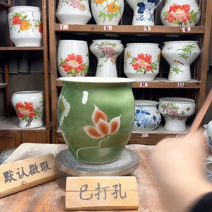 摆件圆口雕刻绿绿绿荷花新款新款陶瓷
