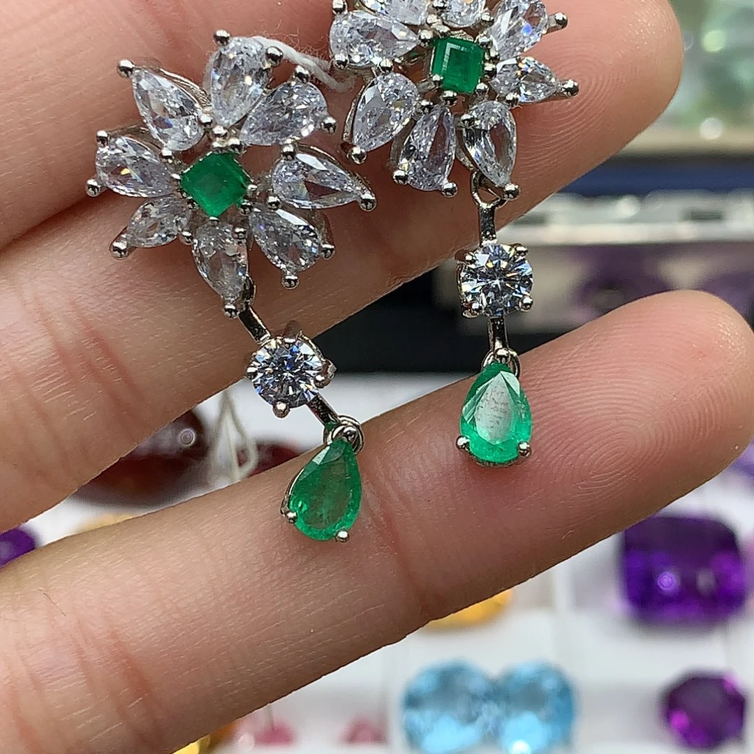 耳饰银S925镶嵌祖母绿