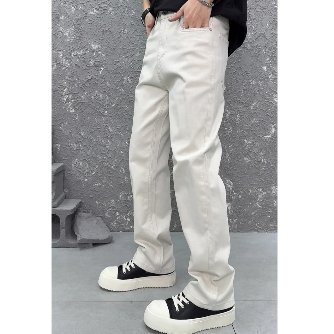 3553春款弹力法棍裤中腰牛仔裤百搭高街美式痞帅窄版显瘦水洗白灰