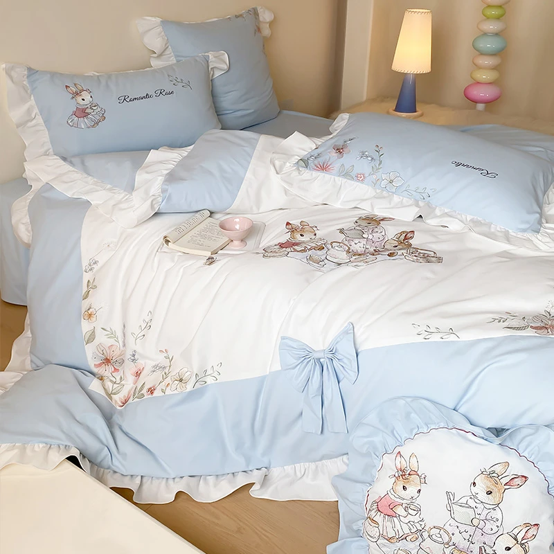 皇后娘娘  卡通纯棉磨毛床上三件套少女心荷叶边全棉高档适合裸睡