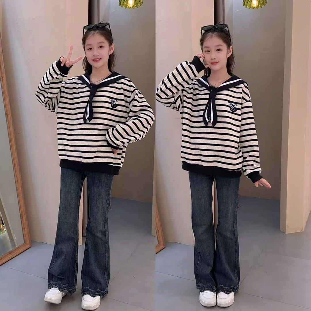 女童春秋款卫衣套装2025新款条纹翻领卫衣弹力喇叭裤套装百搭休闲