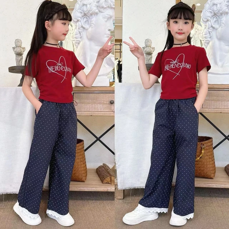 女童夏季套装洋气2025新款薄款短款T中大童时髦波点阔腿裤两件套