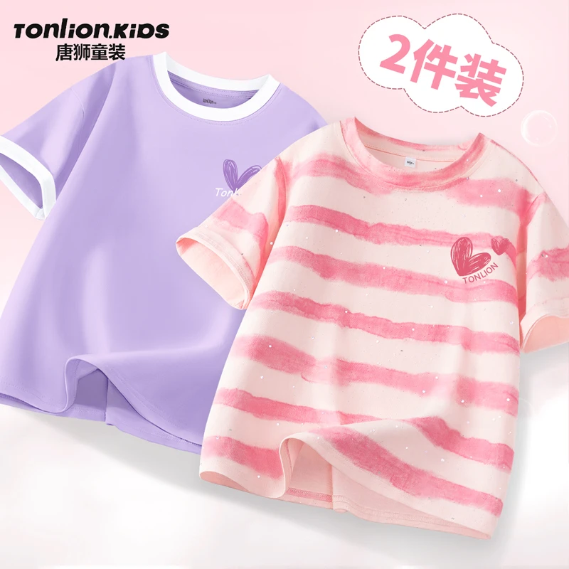 唐狮童装t恤女童2025新款女孩夏日紫色洋气衣服儿童纯棉蜡染短袖