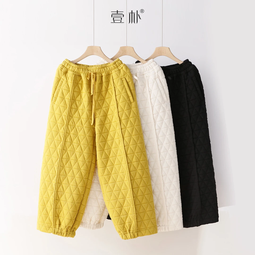 秋冬刀切棉休闲长裤 夹棉松紧腰系带菱形格裤子5163TK
