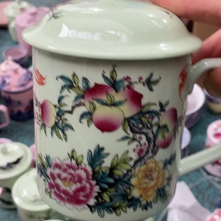 摆件陶绿稀土牡丹寿桃办公杯