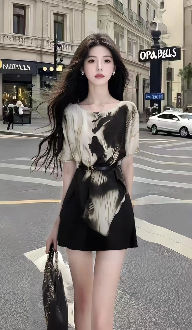 轻奢时尚气质短裙撞色圆领短袖收腰系带设计感连衣裙女氛围感女装