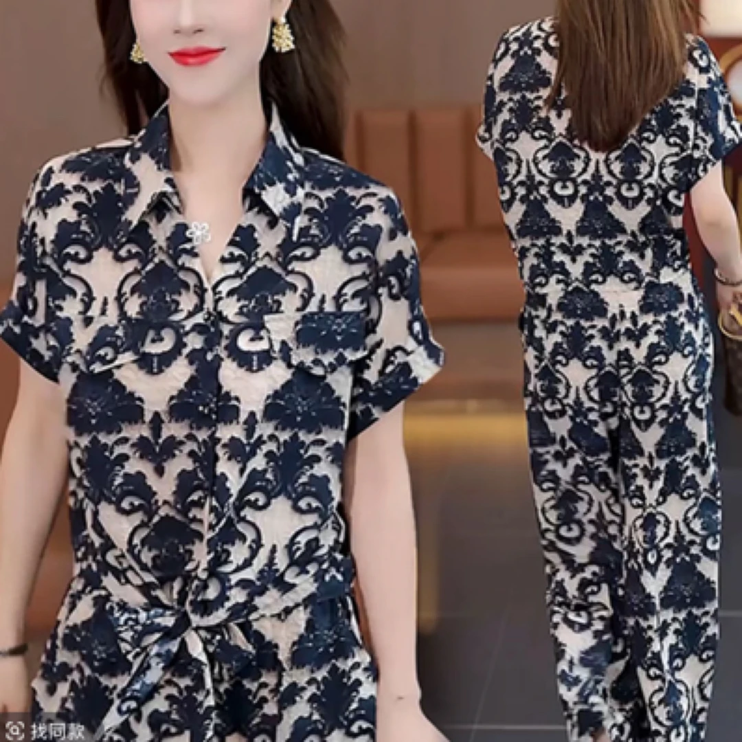 8759#【衣长60裤长96】冰丝短款衬衣阔腿裤夏季新款休闲花色套装