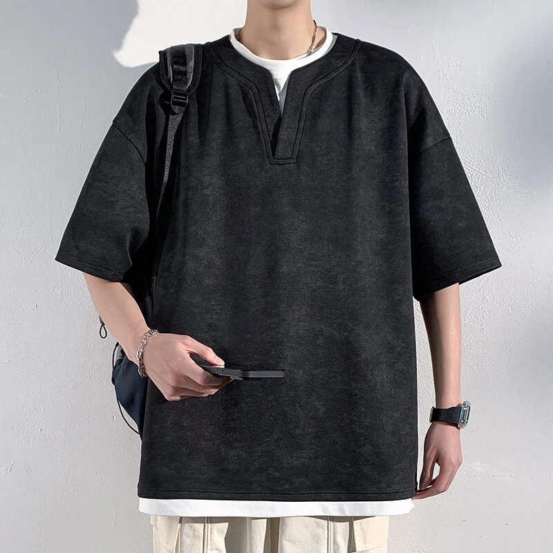 隐匿者2025夏季新款假两件扎染V领短袖T恤男港风潮流百搭薄款半袖