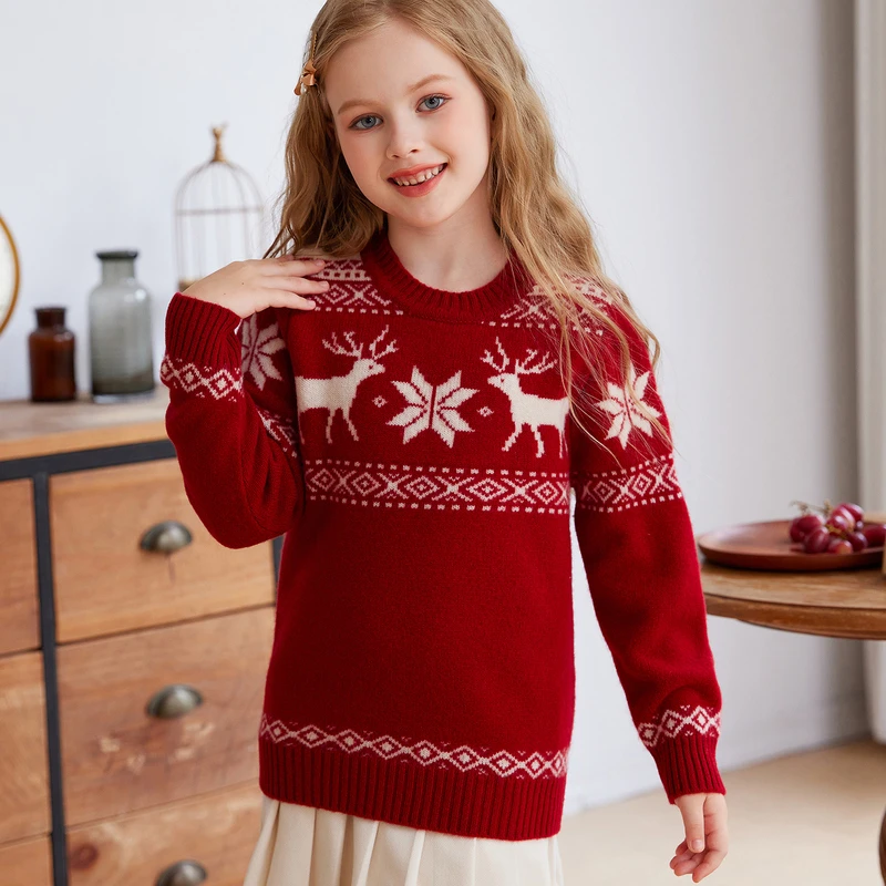 （T53）100%羊毛七针双股加厚儿童圆领费尔岛小鹿针织打底羊毛衫