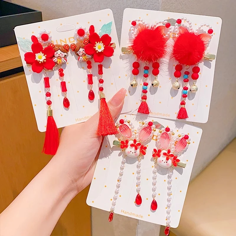 儿童女古风公主红色新年流苏发卡汉服头饰女童中国风过年喜庆发饰