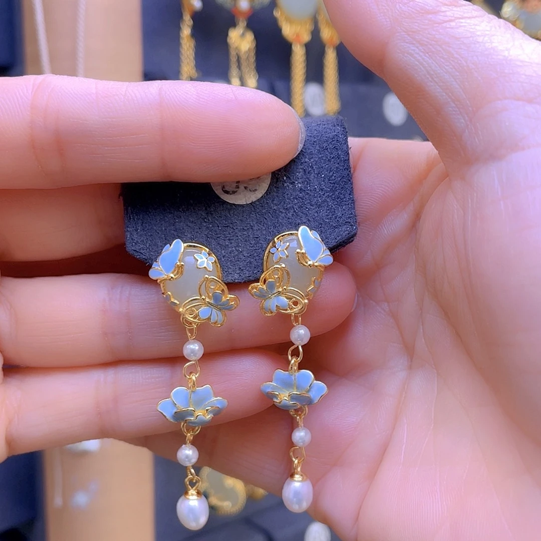 和田玉耳饰银S925镀金镶嵌