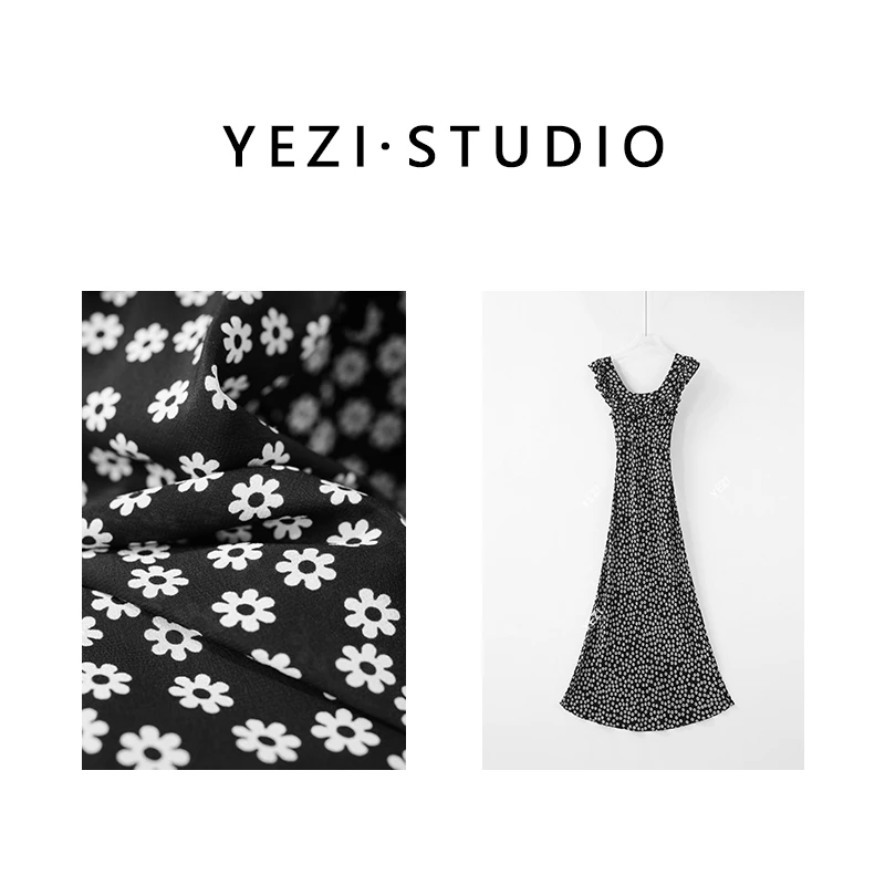 【山茶花】百百桑蚕丝优雅黑白山茶印花荷叶边度假连衣裙25334002