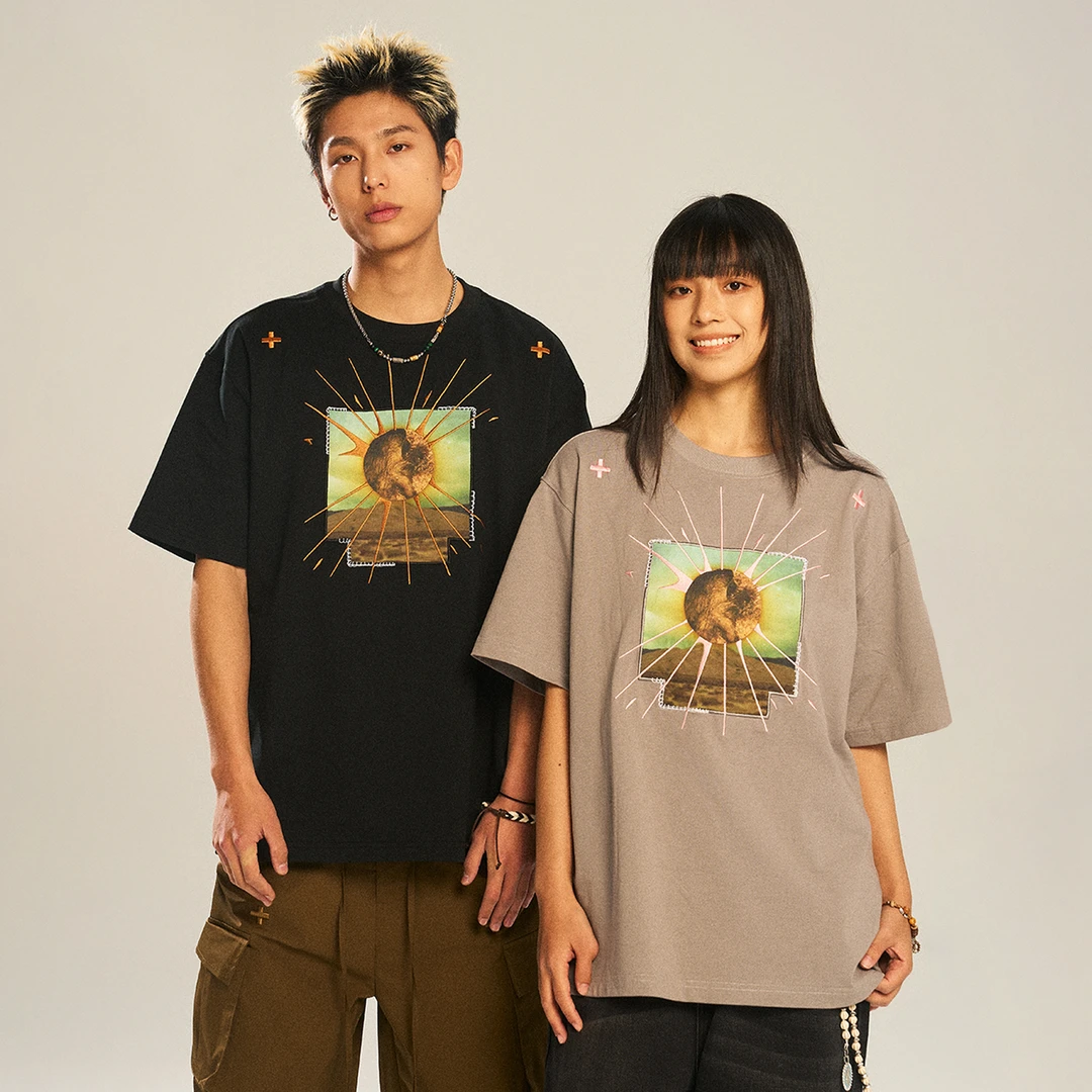 NSTNEW START发芽计划“破晓”贴布刺绣美式复古潮牌圆领宽松短袖