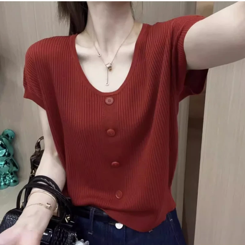 法式U领减龄薄款莱赛尔短款上衣女小众套头休闲T恤宽松显瘦短袖夏