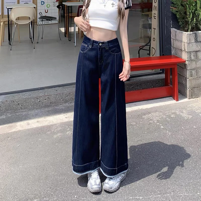 【鞋爱】58117 秋季新款阔腿牛仔裤女宽松显瘦翻边拼接休闲直筒裤子