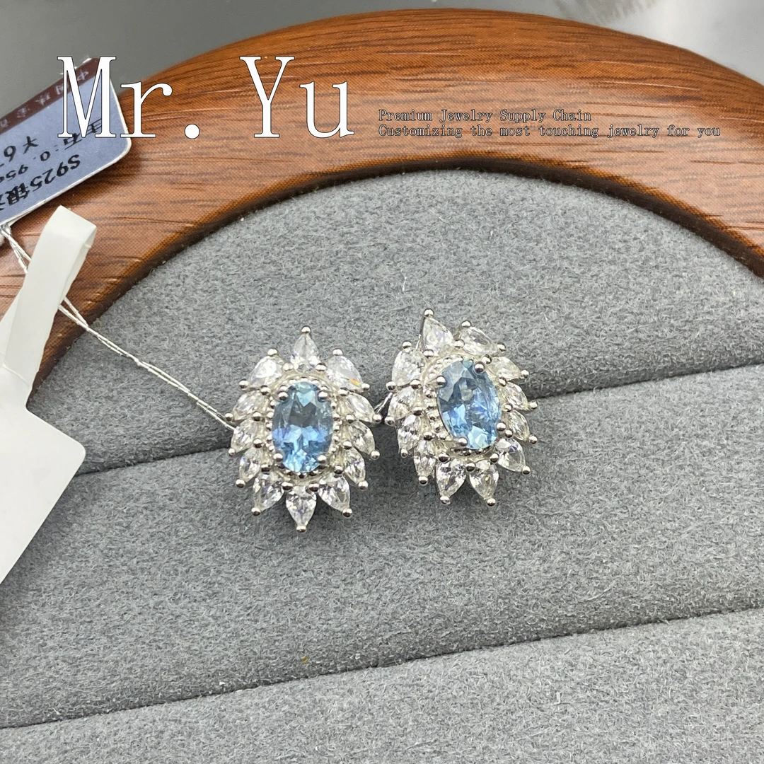 天然海蓝宝石耳钉超级圣玛利亚色气质蓝色时尚镶嵌豪华椭圆lhl001