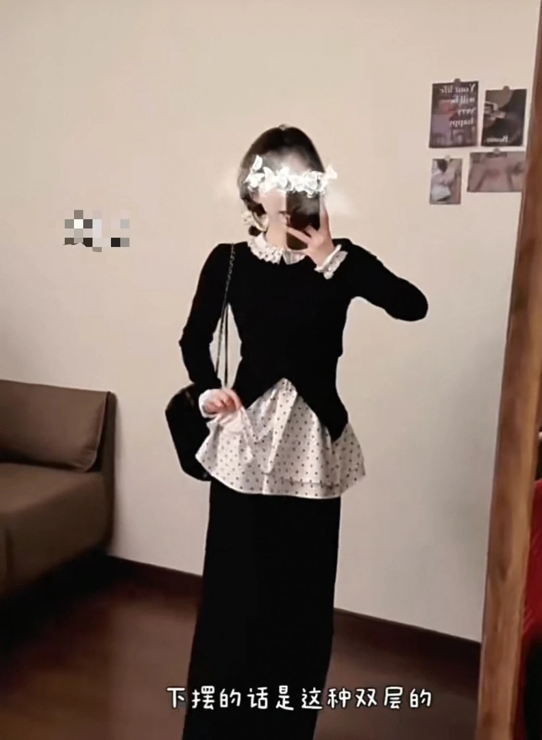 韩系学院风显瘦真两件上衣春秋波点拼接裙帘叠穿裙子高腰裤子2105