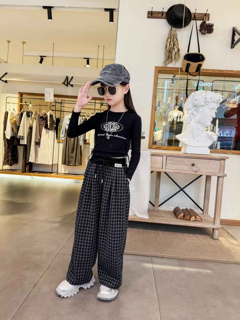 （专柜品质）女童秋季新款格子直筒裤阔腿裤