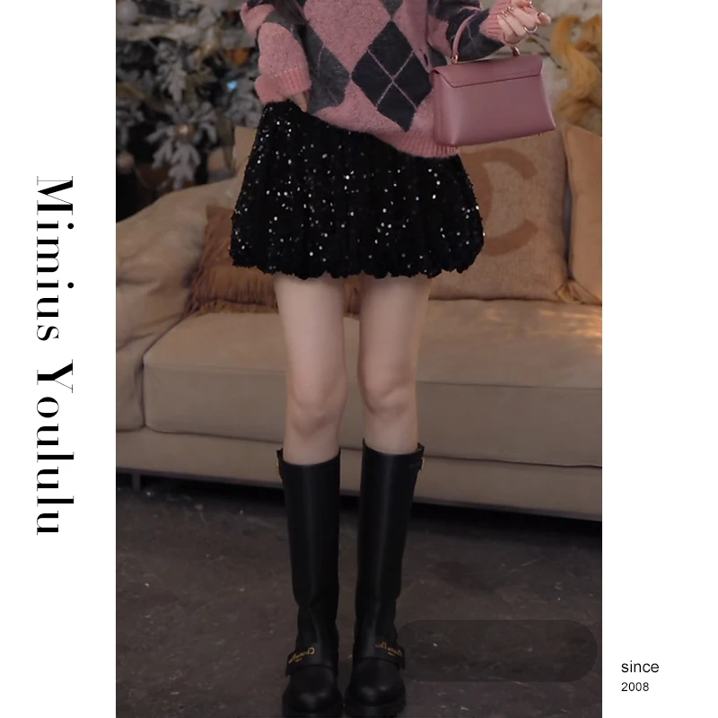 【mimius】七七 高腰显瘦亮片花苞半身裙裤 F11066