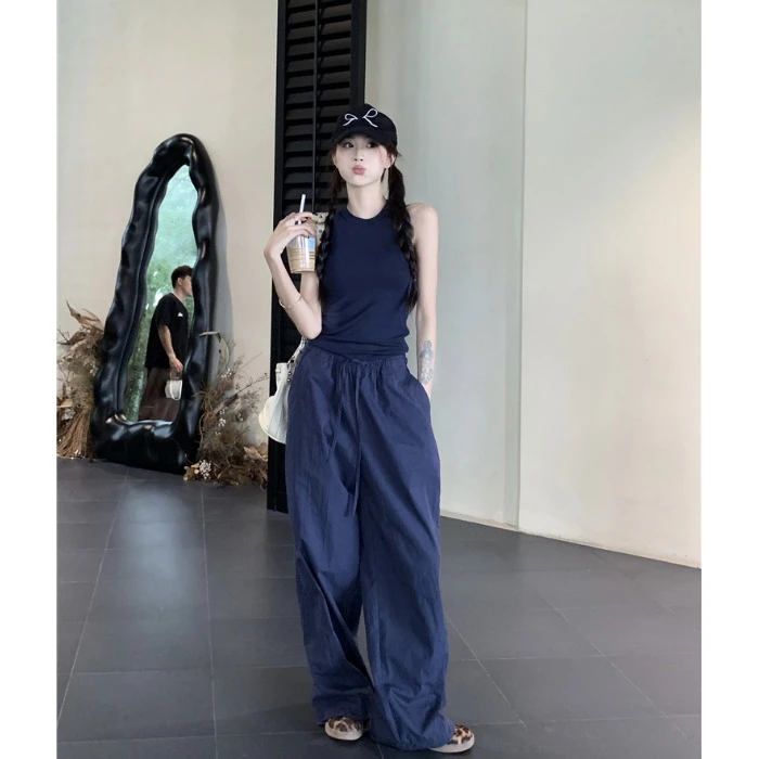 休闲套装纯色修身无袖吊带背心女夏季新款抽绳阔腿裤工装裤两件套