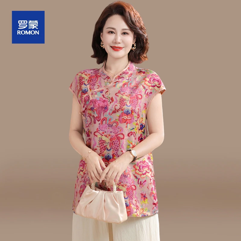 时尚中式妈妈夏装套装洋气气质小衫中老年女夏季短袖冰丝缎面上衣