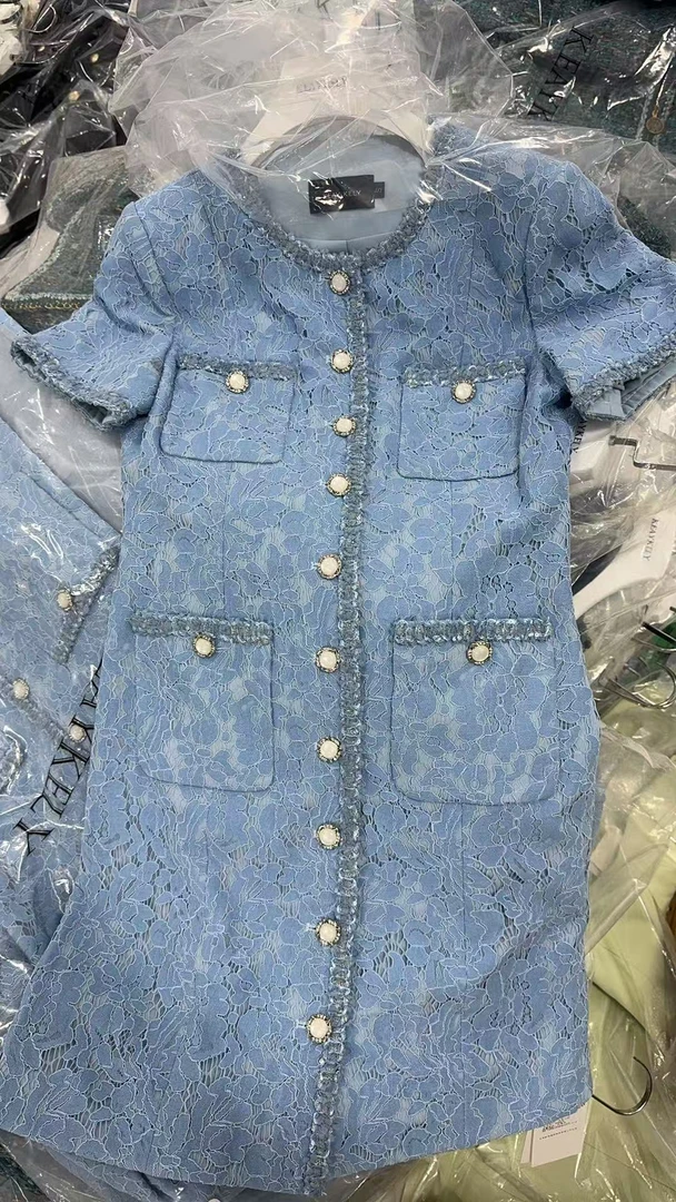 剀剀莉（晴空）夏季轻奢定制蕾丝蓝色时尚气质显白短袖小香连衣裙