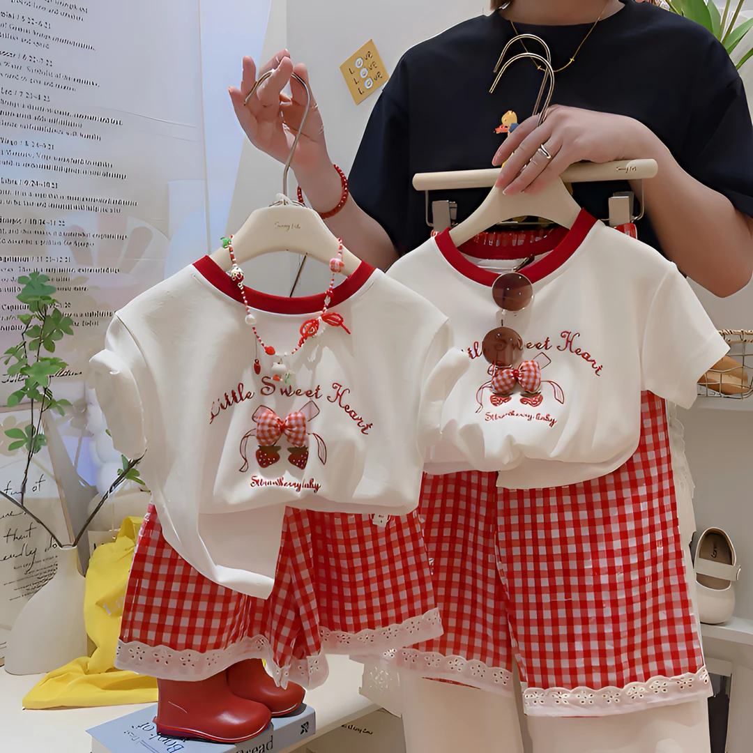 【亲子装】女童夏季韩系甜美风休闲字母格子短袖薄款卡通套装