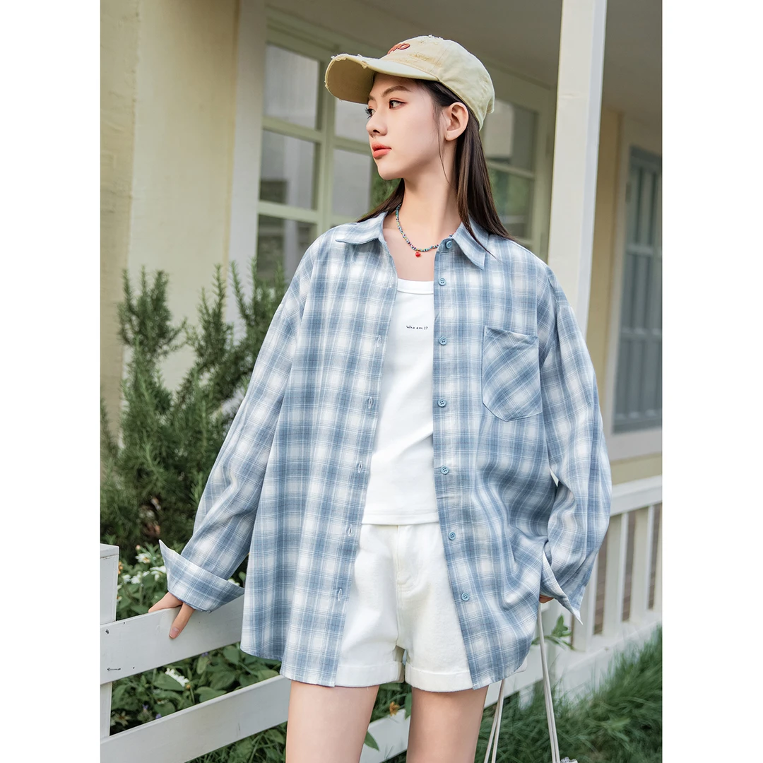 女大童防晒衬衫夏季轻薄2025新款初高中生洋气格子衬衫时尚衬衣