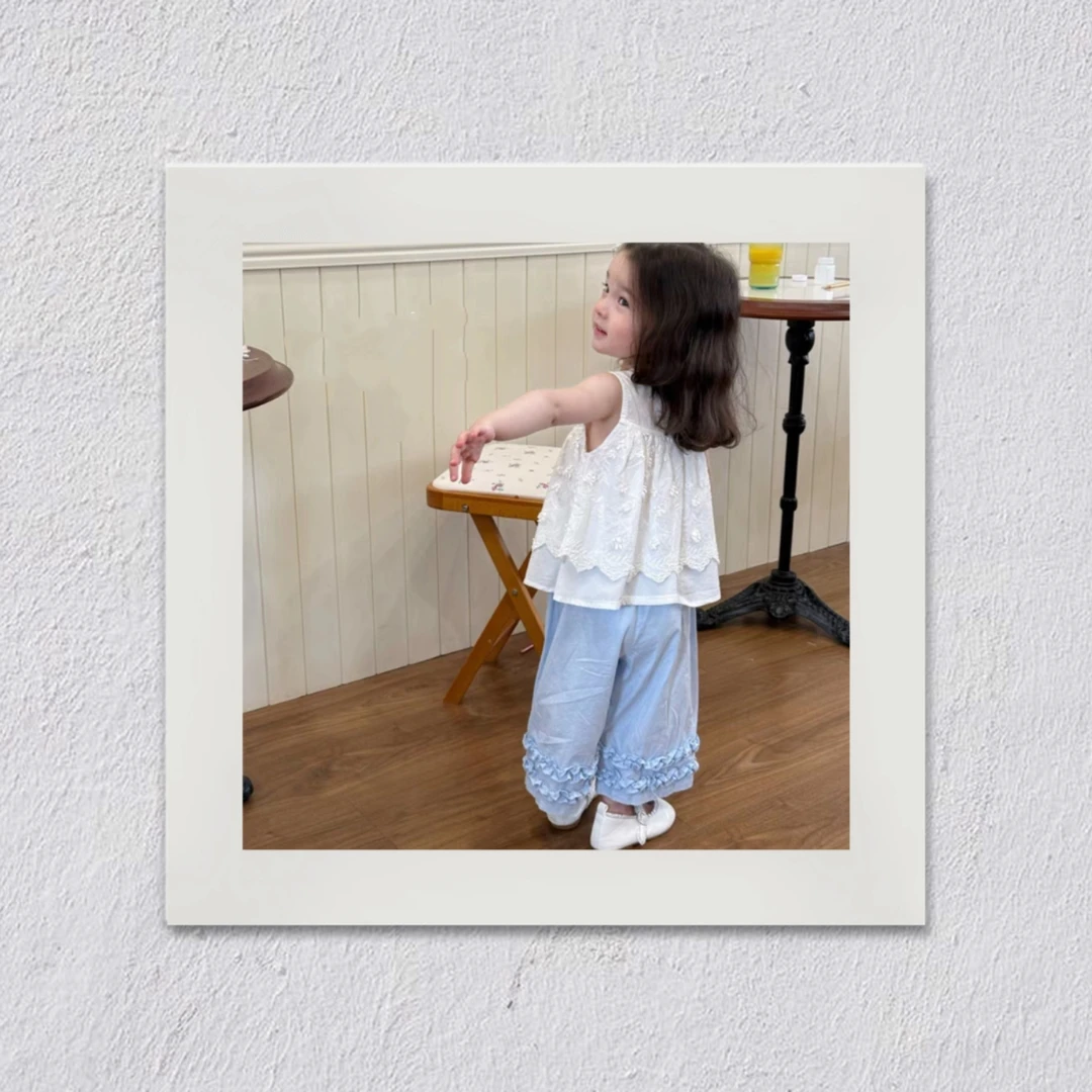 J320女童L·H·NIAO2025新款夏季女童百搭蓝色木耳边九分裤