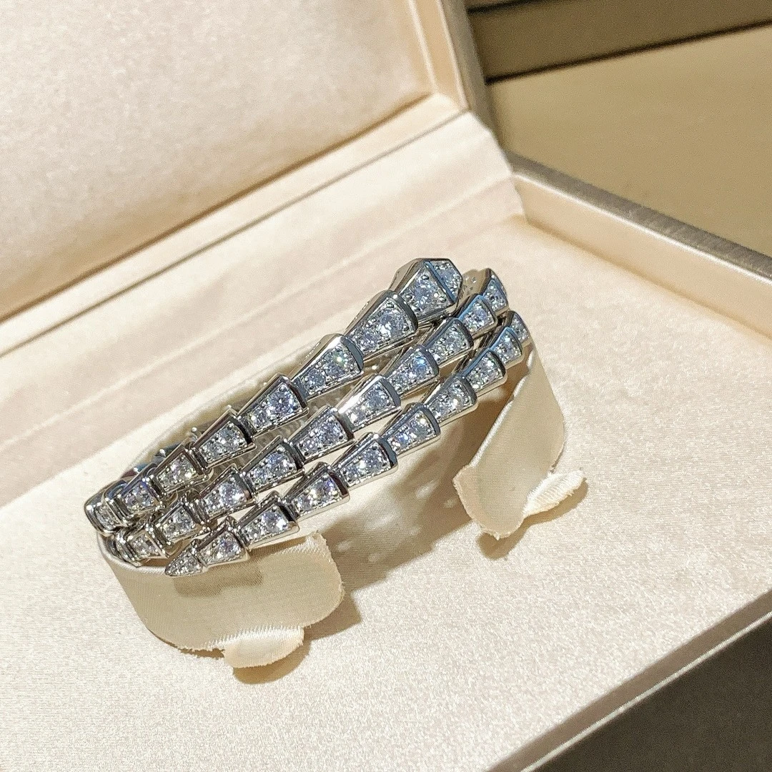 925银手镯 高版本三圈满钻蛇骨手镯银手镯明星同款明星同款饰品