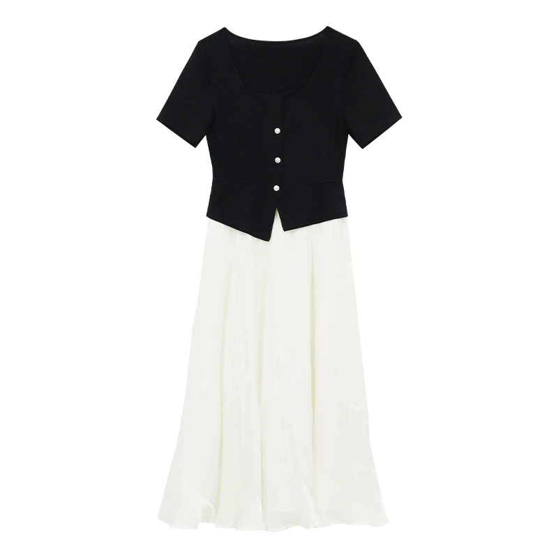 【夏日甜茶】夏季方领收腰设计+开叉下摆立体收腹连衣裙DM21275