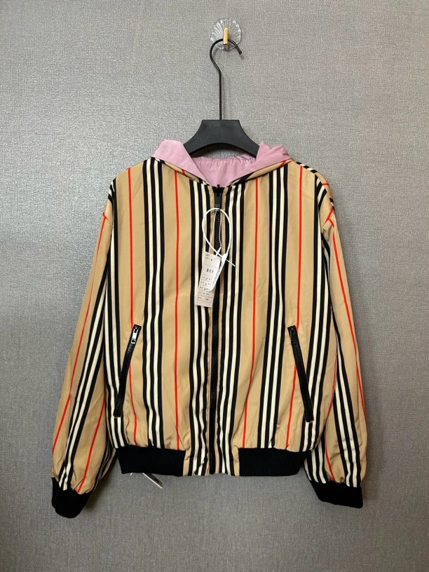 95新 BURBERRY/博柏利 双面粉色竖条纹休闲外套