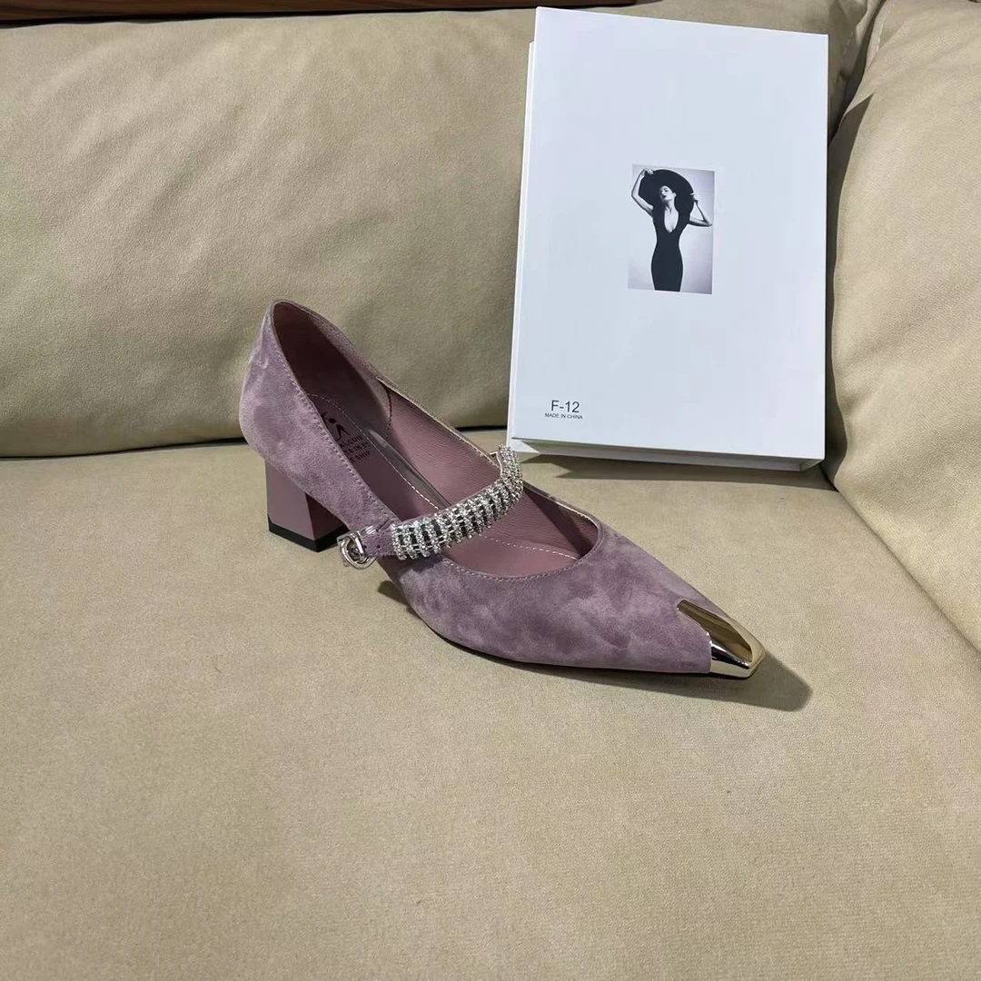 1060【梵羽】粉紫色一字带粗跟玛丽珍小香风方头休闲单鞋C【6CM】