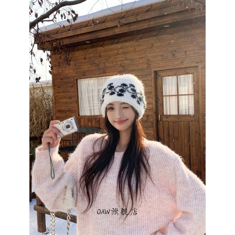 韩版提花针织毛线帽子女秋冬保暖护耳防寒包头帽氛围感冷帽百搭