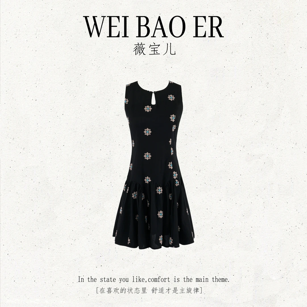 WEI BAO ER/薇宝儿【暗夜繁花】复古刺绣连衣裙女背心无袖休闲短裙