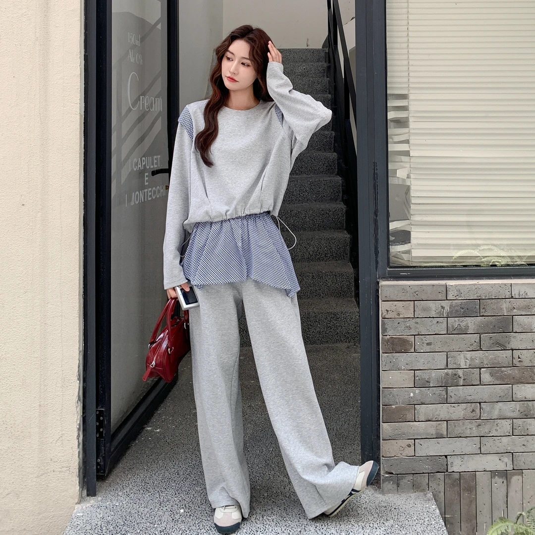 时尚潮流格纹拼接卫衣套装女2025春秋新款洋气减龄时髦显瘦两件套