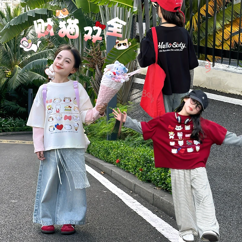 66公主童装女童长袖T恤2025新款儿童插肩袖百搭洋气上衣 25S035