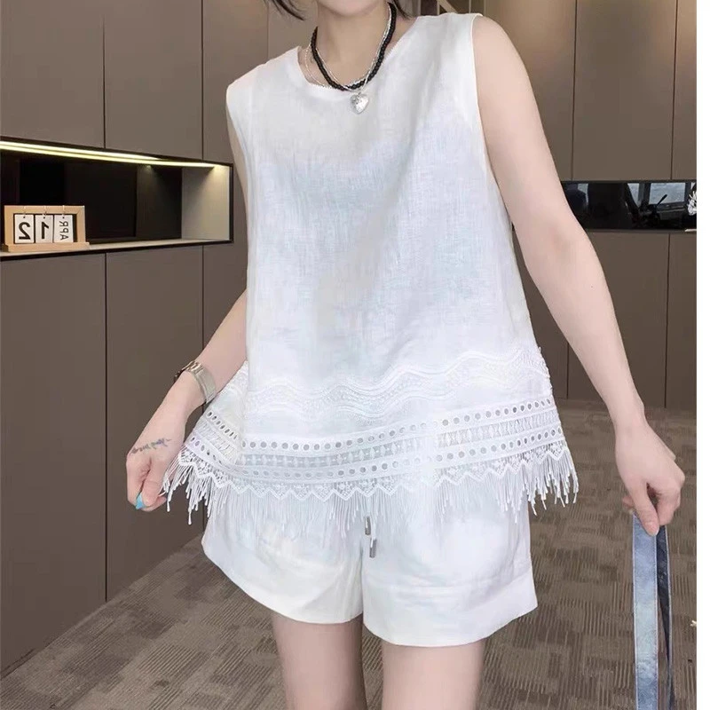 欧洲站新款亚麻天丝时尚两件套女后开叉蕾丝流苏背心休闲短裤套装