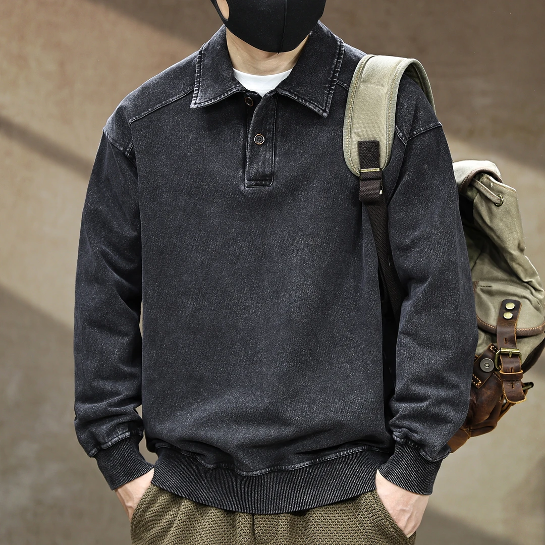 高端美式复古重磅435g牛仔长袖Polo衫男秋季新款酵磨炒花水洗卫衣