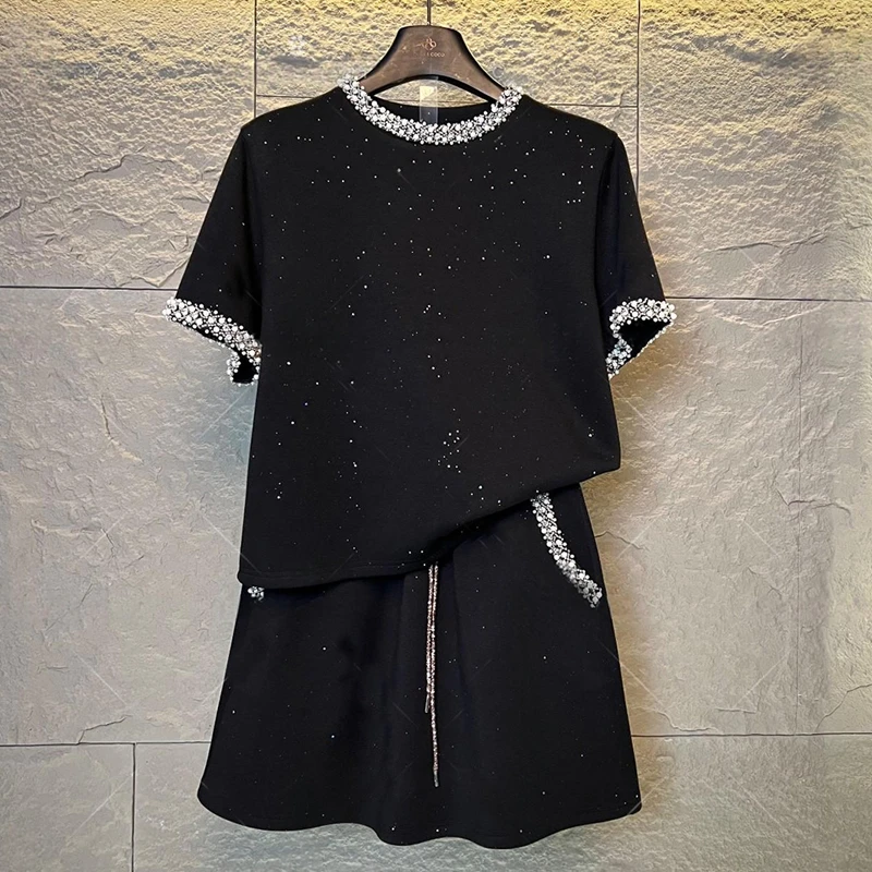 高含棉时尚套装女2025年夏季新款满天星烫钻短袖阔腿短裤两件套潮