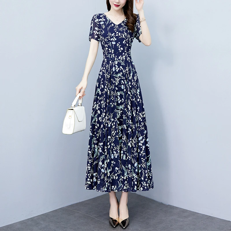 2025夏季新款雪纺碎花连衣裙大码胖mm收腰显瘦遮肚长裙