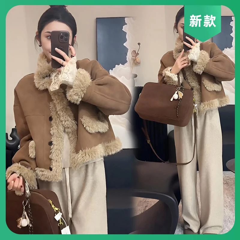 2025秋冬新款韩系复古皮毛一体毛毛立领加厚减龄气质外套女短款