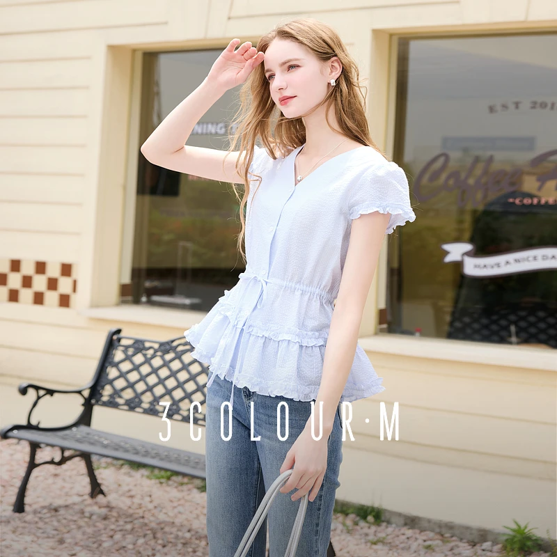 林一专属0779三彩2025夏季新款条纹小衫V领木耳边抽绳上衣开dbq