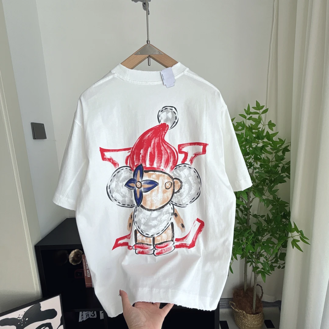 春夏新款时尚百搭彩绘印花潮流短袖男女同款白色纯棉休闲半袖