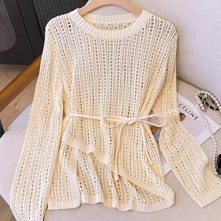 品牌折扣专柜撤回不规则镂空针织衫女春秋慵懒风外搭收腰罩衫上衣