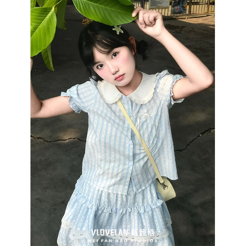 蓝色条纹娃娃领衬衫上衣女小个子穿搭蕾丝拼接蛋糕蓬蓬裙一整套装