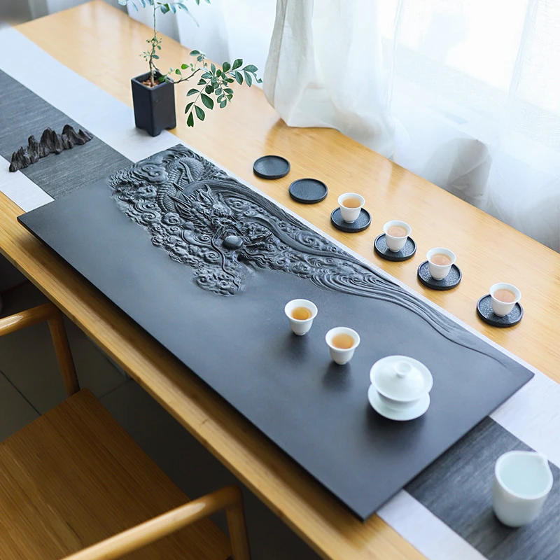 刺龙芥末复古天然乌金石茶盘家用大师手工雕刻茶盘龙雕高端新中式