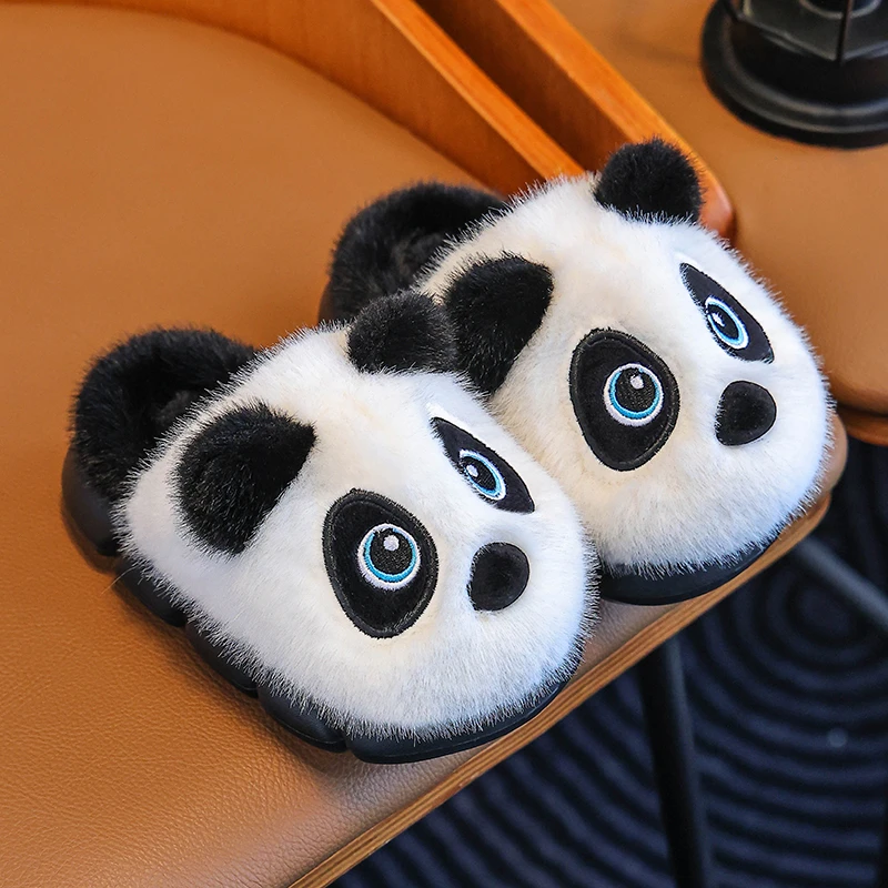 儿童棉拖鞋男童秋冬季新款居家室内防滑保暖小学生熊猫宝宝毛毛鞋