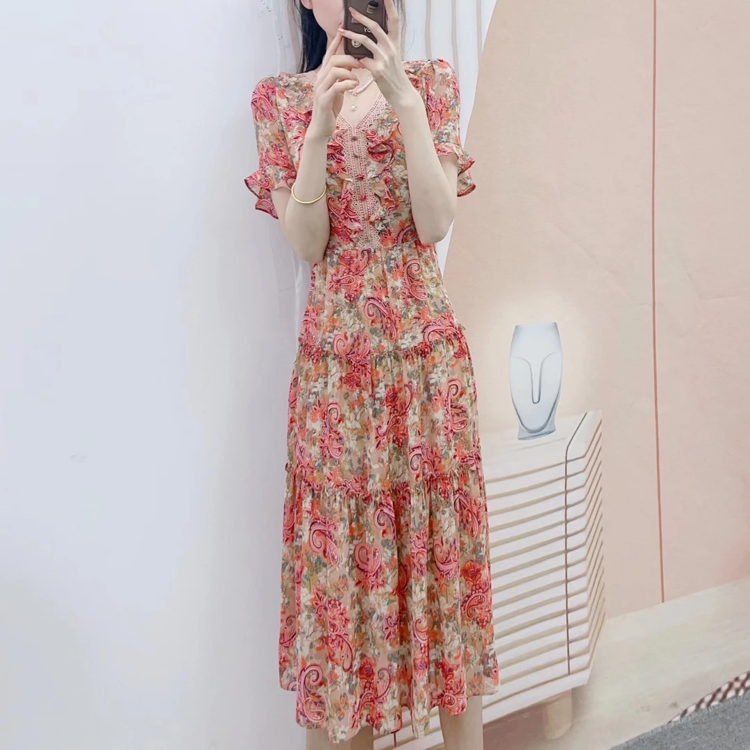 073清C2夏季品牌专柜新品汉派气质V领雪纺甜美印花显瘦短袖连衣裙